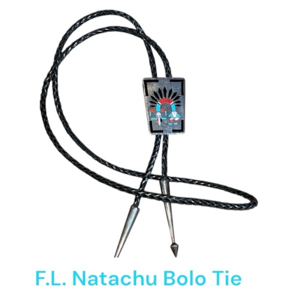 F.L. Natachu Sterling Silver and Inlay Stones Rainbow Man Bolo Tie Vintage Zuni - Picture 1 of 16